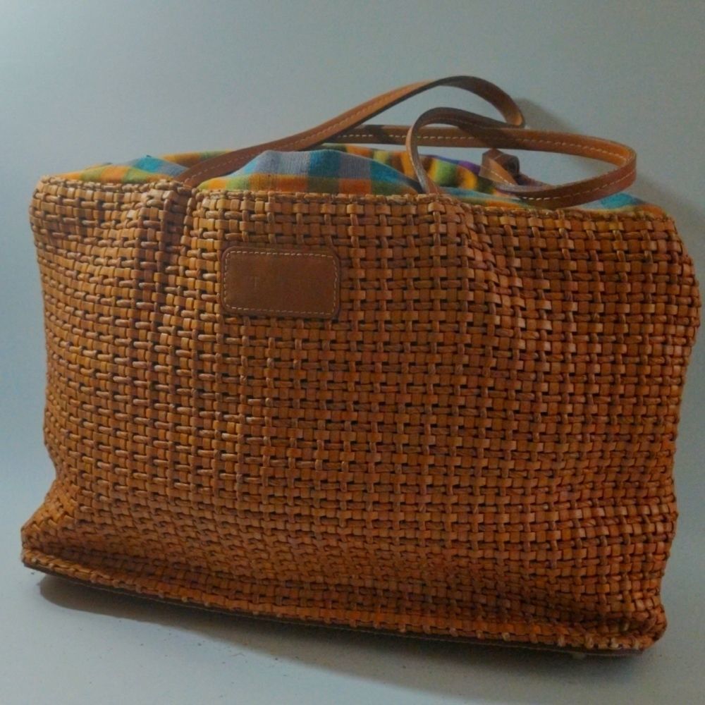 Maurizio Taiuti Straw Knitted Large brown tote with‎ plaid interior Bag